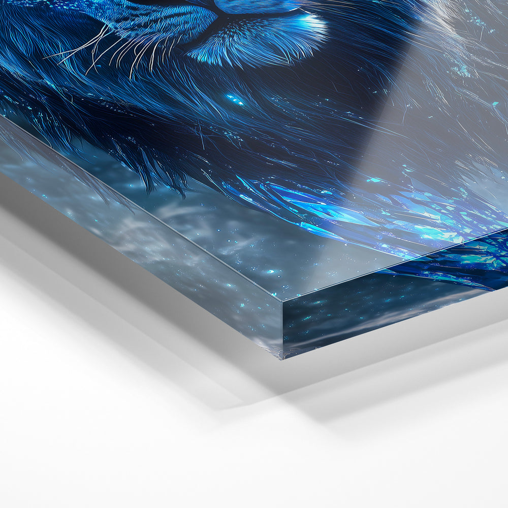 Gros plan de la matière : le tirage sous verre acrylique, tranche transparente visible.