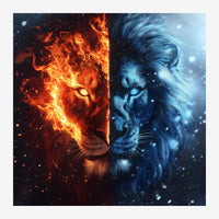 Portait de lion divisé verticalement, moitié enflammée en orange et rouge avec des yeux dorés, moitié glacée en bleu et.