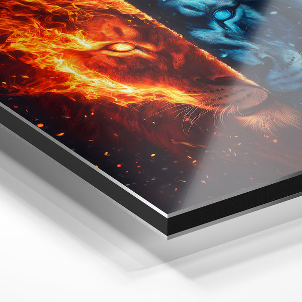 Lion Fire and Ice, portrait pop art noir et bleu — Aluminium Dibond relief 3D