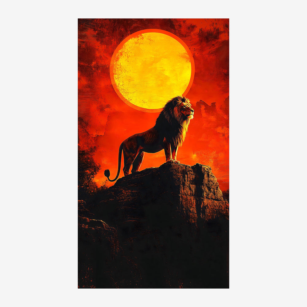 Un lion dressé sur un rocher noir, en silhouette, face à un grand soleil jaune dans un ciel rouge vif et orangé.