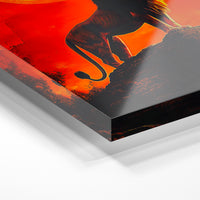 Gros plan de la matière : le tirage sous verre acrylique, tranche transparente visible.