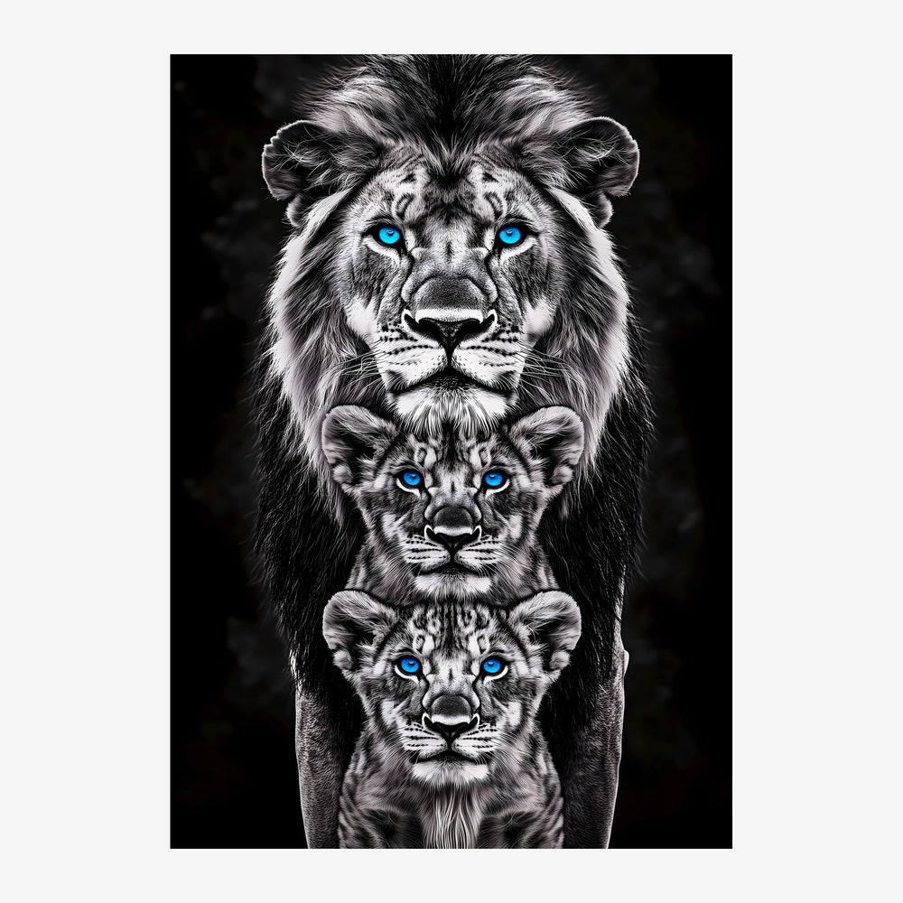 Trois lions alignés verticalement en noir et blanc avec les yeux bleus, sur fond noir profond.