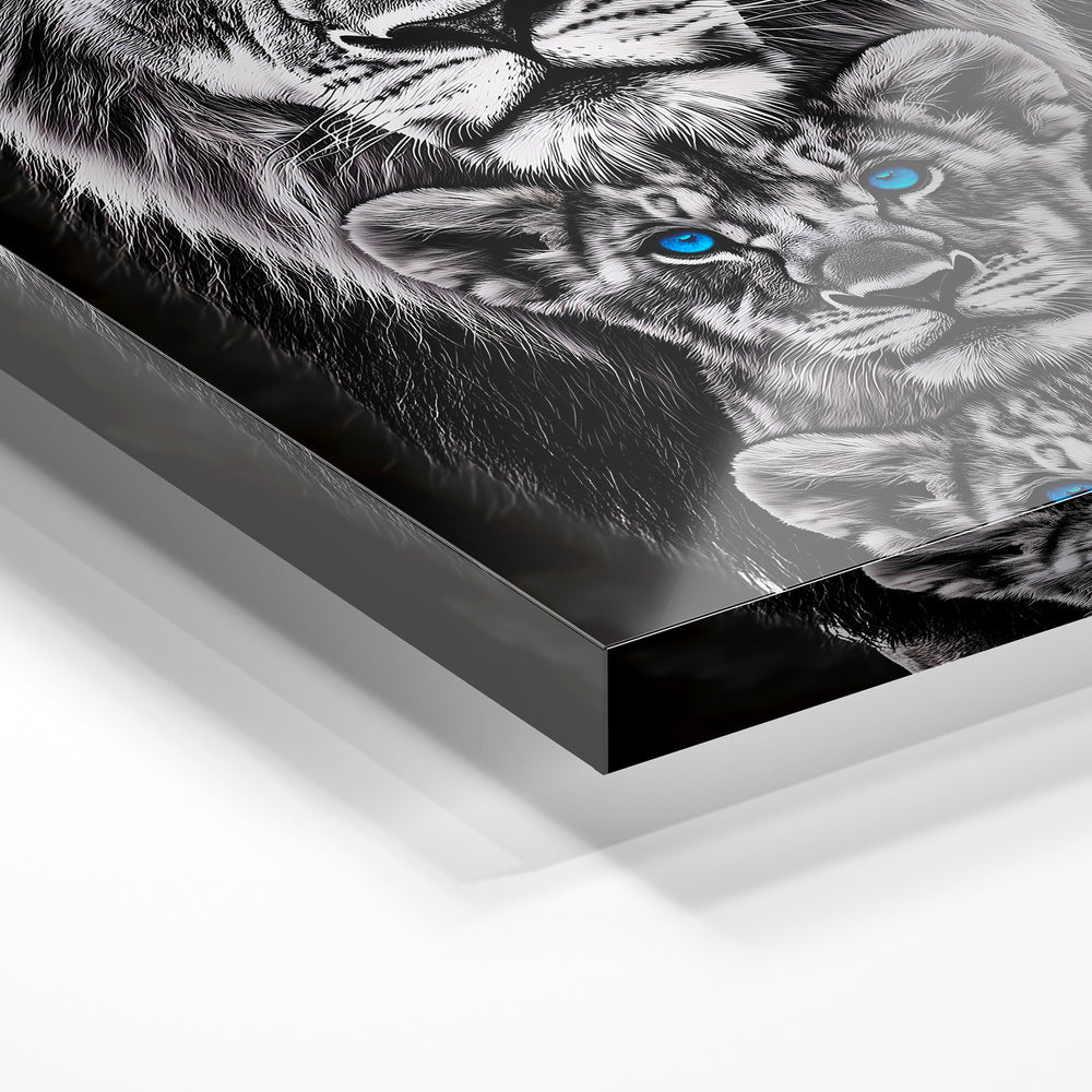 Gros plan de la matière : le tirage sous verre acrylique, tranche transparente visible.