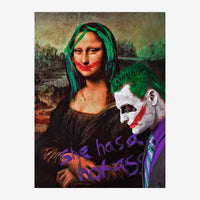 Portrait pop art montrant deux visages : l'un aux cheveux vert fluorescent et lèvres rouges, l'autre masqué blanc et rouge.