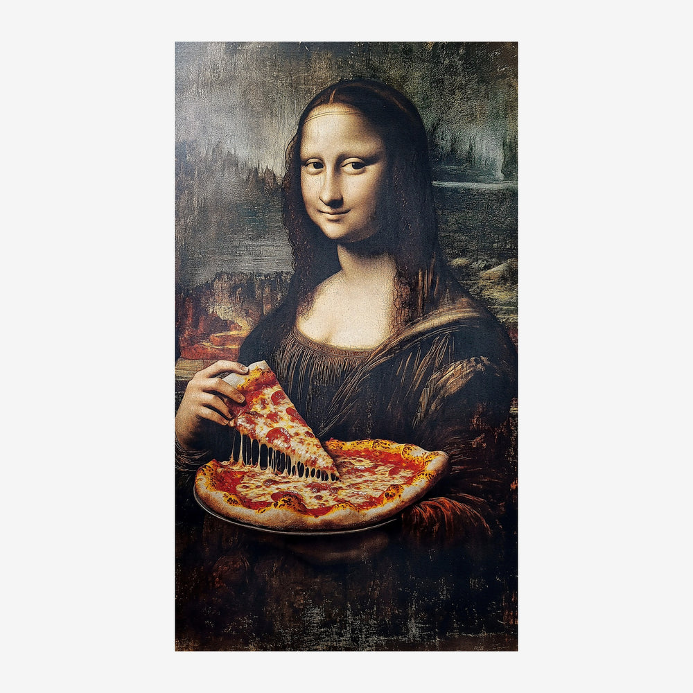 Affiche pop art montrant un portrait classique en tons noirs et gris tenant une part de pizza rouge et jaune.