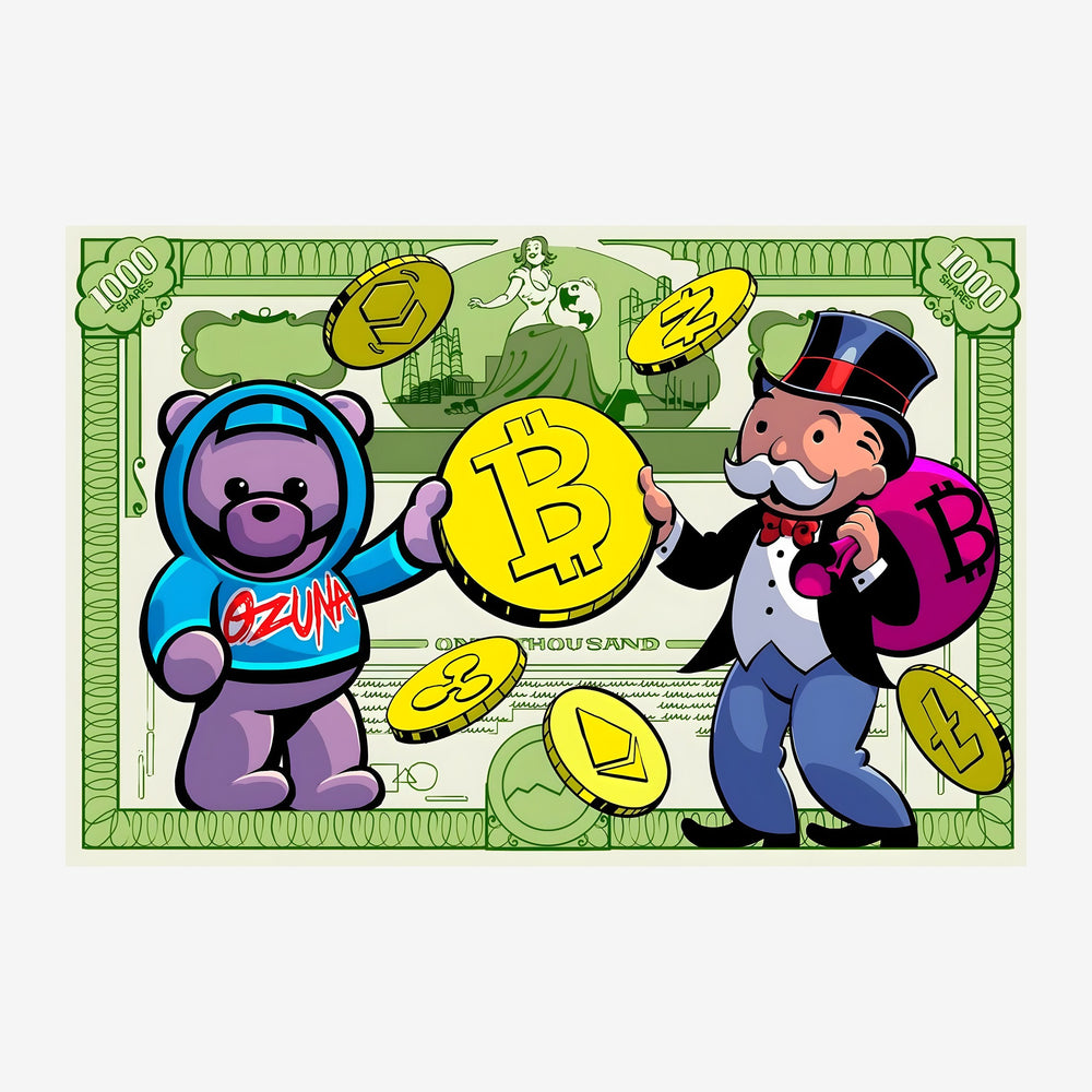 Un ours violet et un personnage charismatique au haut-de-forme brandissent ensemble une grande pièce Bitcoin dorée, entourés.