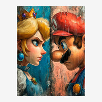 Illustration pop art montrant deux personnages face à face : à gauche une princesse blonde couronnée aux yeux bleus sur fond.