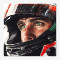 Portrait d'un pilote portant un casque noir et rouge brillant, avec des yeux verts intensément fixés vers l'avant, dans un.