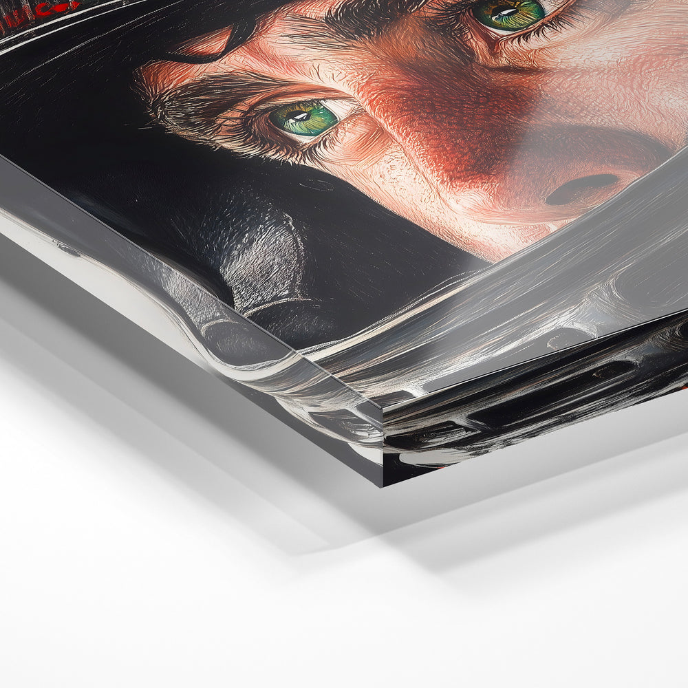 Gros plan de la matière : le tirage sous verre acrylique, tranche transparente visible.