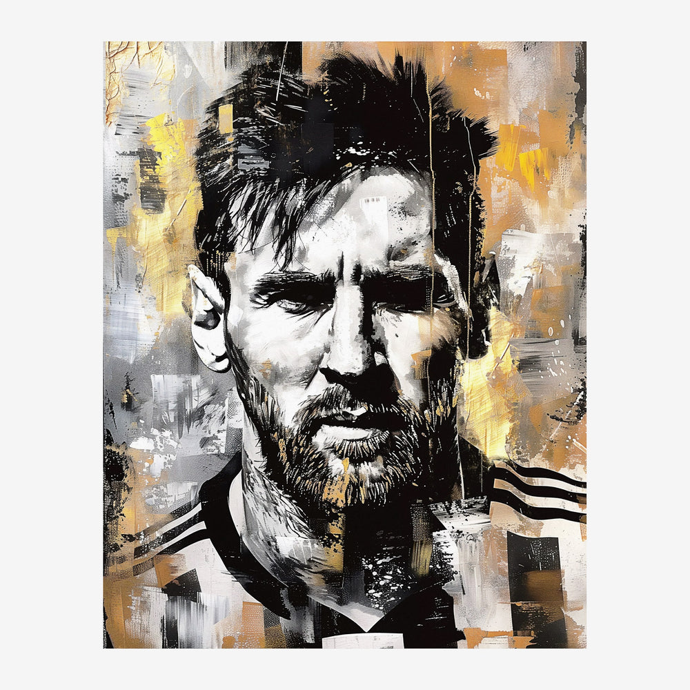 Portrait d'un homme barbu en style pop-art, visage blanc et noir avec traits épais sur fond texturé noir, gris, blanc et or.