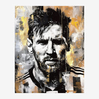 Portrait d'un homme barbu en style pop-art, visage blanc et noir avec traits épais sur fond texturé noir, gris, blanc et or.