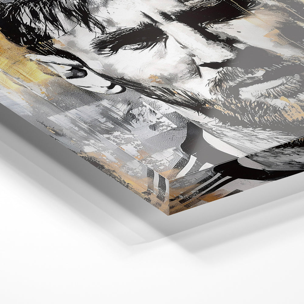 Gros plan de la matière : le tirage sous verre acrylique, tranche transparente visible.