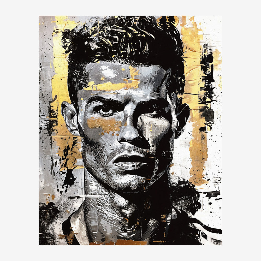 Portrait d'un homme en noir et blanc avec des accents dorés, style pop art urbain avec éclaboussures graphiques et.