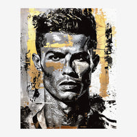 Portrait d'un homme en noir et blanc avec des accents dorés, style pop art urbain avec éclaboussures graphiques et.