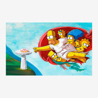 Une famille stylisée vole sur un canapé rouge dans un ciel bleu clair, en illustration de style pop-art rétro coloré.