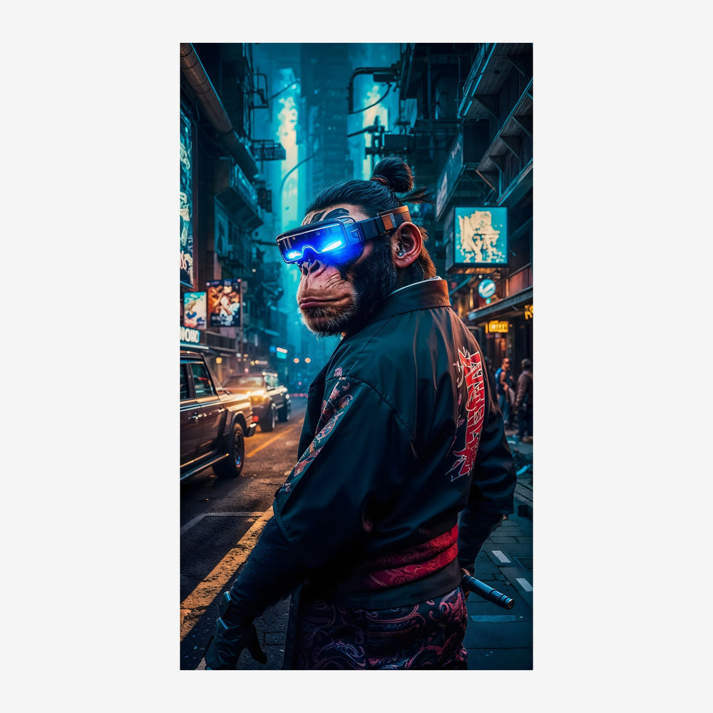 Un singe portant des lunettes numériques bleu vif et un blouson noir dans une rue urbaine futuriste baignée de lumière bleu.