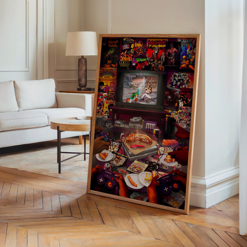 Le tableau accroché en situation dans un intérieur meublé.