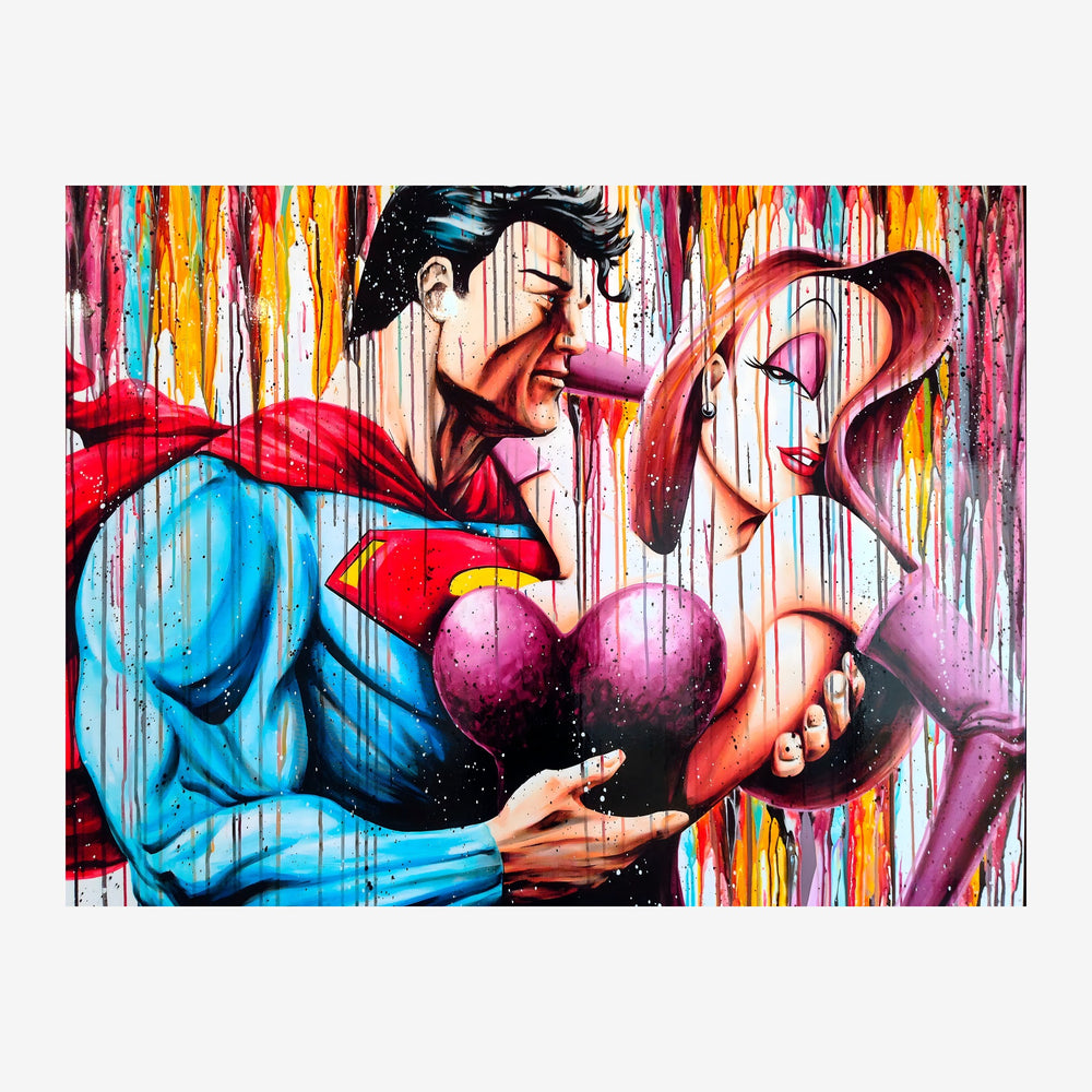 Affiche pop-art représentant deux visages stylisés face à face, l'un en costume bleu et rouge tenant une sphère rose.