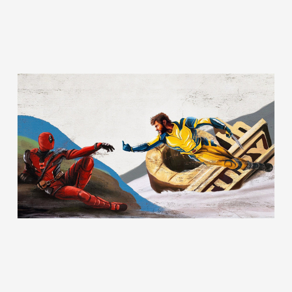 Deux personnages en costume rouge et jaune-bleu dans une posture d'affrontement sur un mur de béton texturé en teintes de.