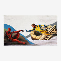 Deux personnages en costume rouge et jaune-bleu dans une posture d'affrontement sur un mur de béton texturé en teintes de.