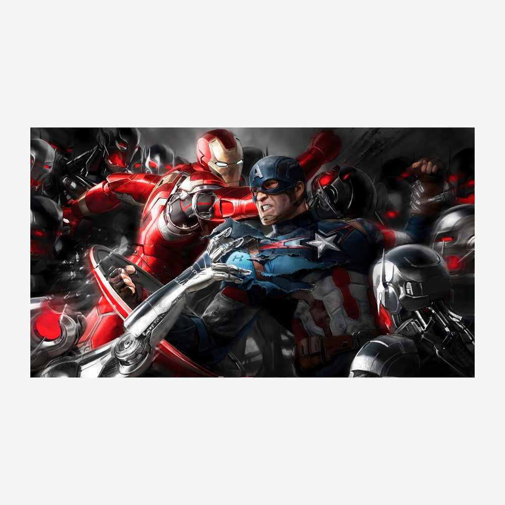 Affiche montrant des personnages en costume de super-héros rouge et bleu engagés dans un combat intense sur fond noir et.