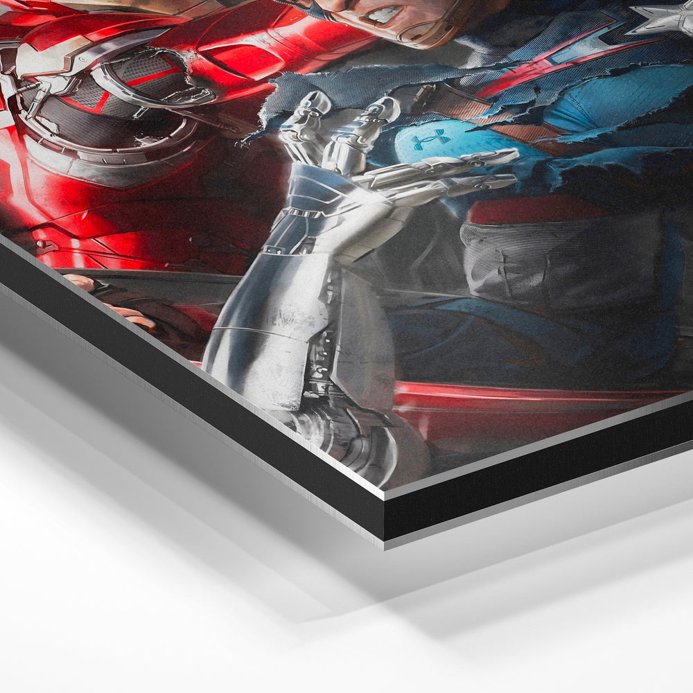 Gros plan de la matière : le tirage contrecollé sur aluminium Dibond mat, tranche visible.