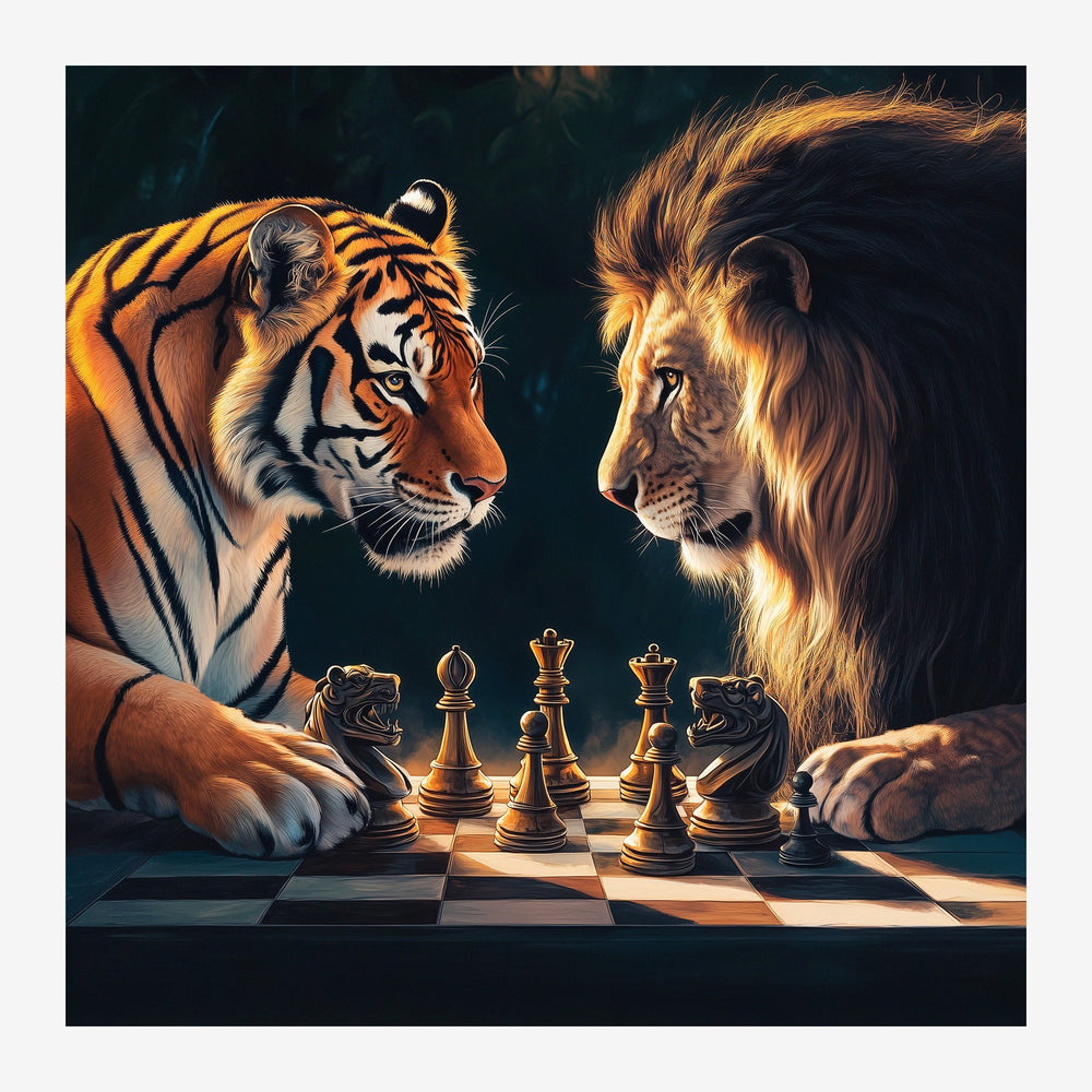 Un tigre aux rayures marquées et un lion à crinière blonde se font face de chaque côté d'un échiquier en or, sur un fond.