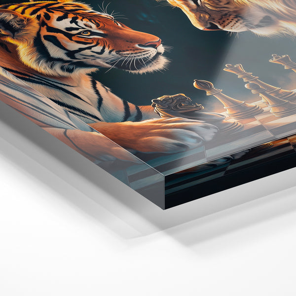 Duel d'échecs — Tigre et lion noir et or — Verre acrylique