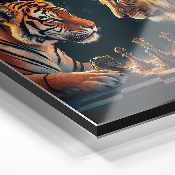Duel d'échecs — Tigre et lion noir et or — Aluminium Dibond relief 3D
