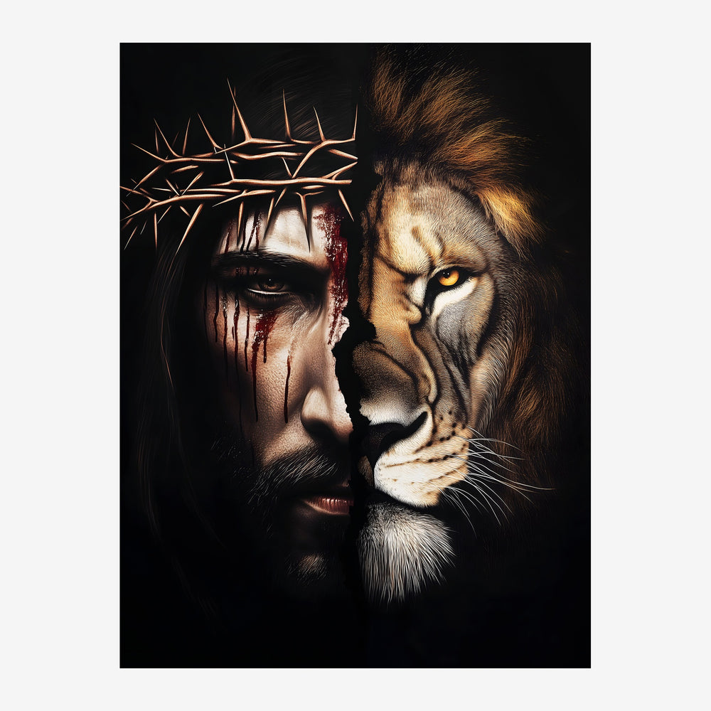 Affiche en noir, or et ocre montrant deux profils : un visage humain barbu couronné d'épines à gauche, et une tête de lion.