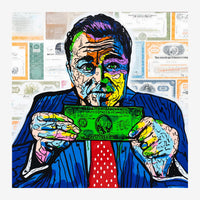 Portrait en style pop art d'un homme aux couleurs vives tenant un billet vert, sur fond de documents financiers.