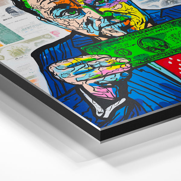 Portrait pop art coloré aux billets verts — Aluminium Dibond
