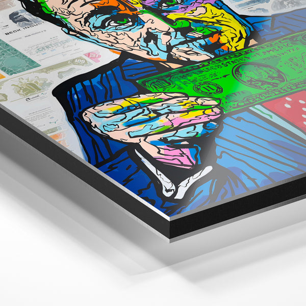 Portrait pop art coloré aux billets verts — Aluminium Dibond relief 3D
