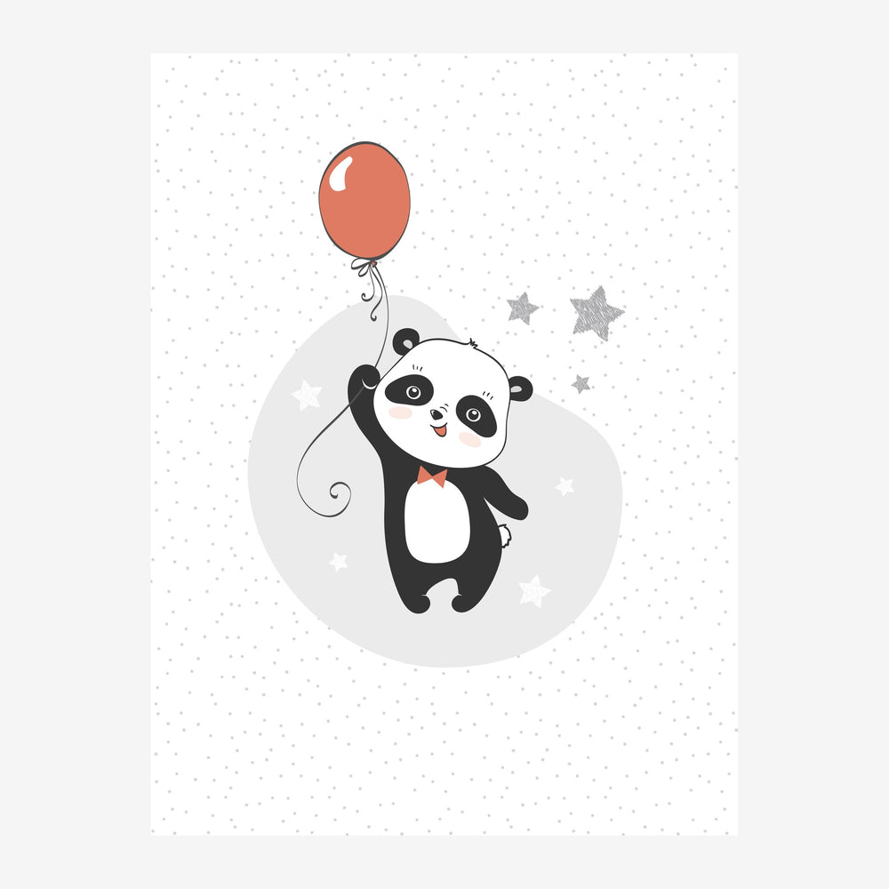 Illustration d'un panda noir et blanc tenant un ballon rouge, entouré d'étoiles grises sur fond blanc pois.