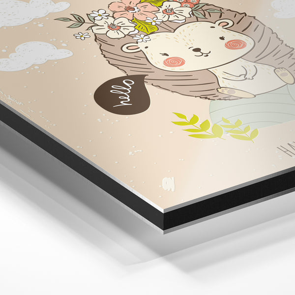 Hérisson fleuri, affiche enfant beige et rose — Aluminium Dibond relief 3D