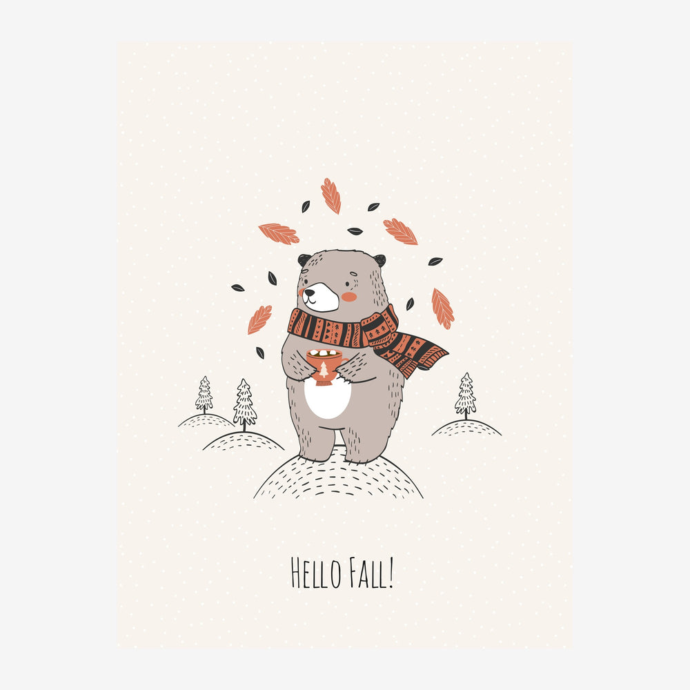 Affiche illustrant un ours gris portant une écharpe colorée, entouré de feuilles d'automne qui tombent, avec le texte "Hello.