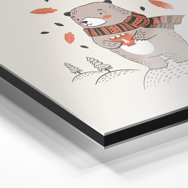 Ours automne et feuilles, affiche "Hello Fall" — Aluminium Dibond relief 3D