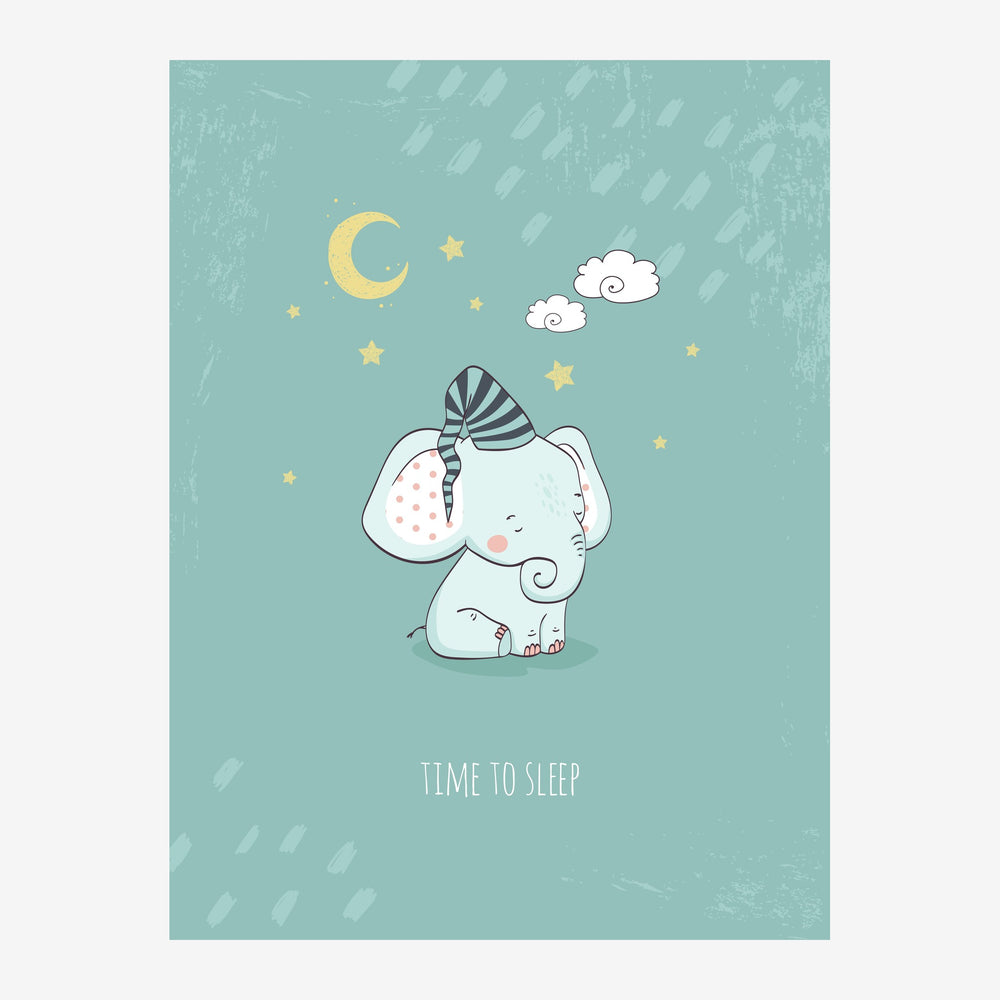 Affiche montrant un petit éléphant blanc avec un bonnet rayé dormant sous une lune d'or, entouré d'étoiles et de nuages dans.
