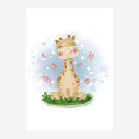 Une girafe de couleur beige avec des taches marron, aux joues roses et aux yeux fermés contents, entourée de stars blanches.