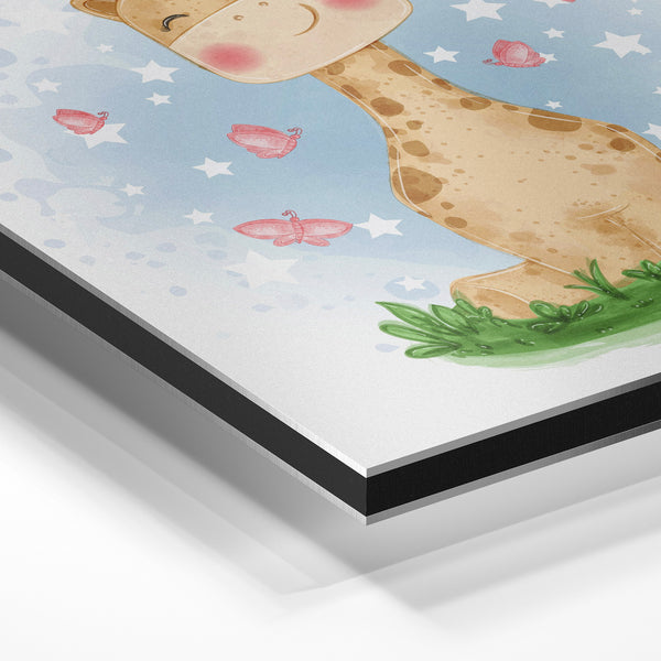 Girafe joyeuse et papillons roses, style bohème — Aluminium Dibond