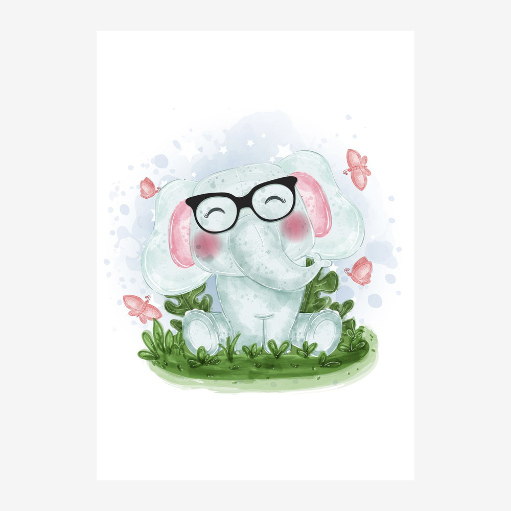 Illustration d'un jeune éléphant gris-blanc portant des lunettes rondes noires, assis dans l'herbe verte, entouré de petites.