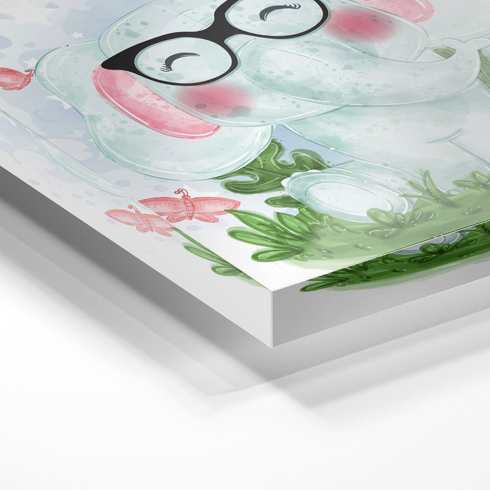 Gros plan de la matière : le tirage sous verre acrylique, tranche transparente visible.