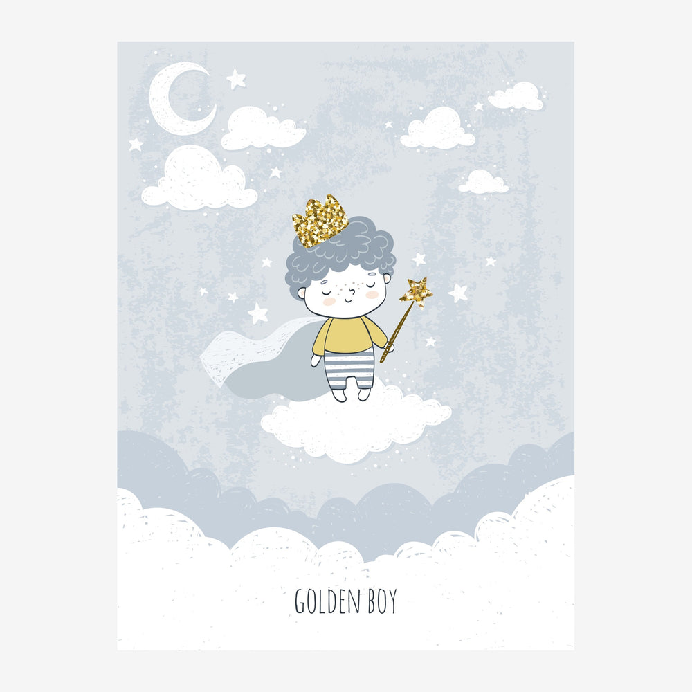 Un enfant aux cheveux gris bouclés, vêtu d'une bande rayée et d'un pull jaune, se tient debout sur un nuage blanc, une.