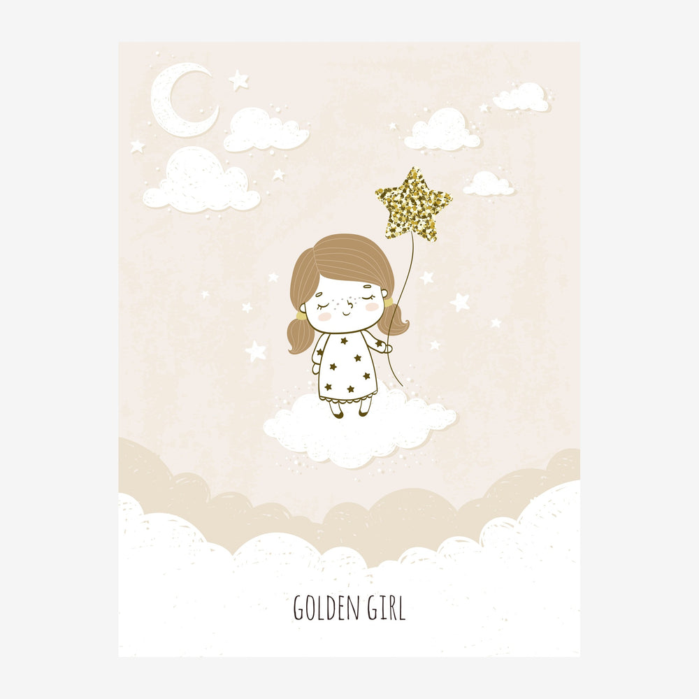 Illustration d'une petite fille aux cheveux châtain avec des couettes, tenant un ballon étoilé doré, assise sur un nuage.