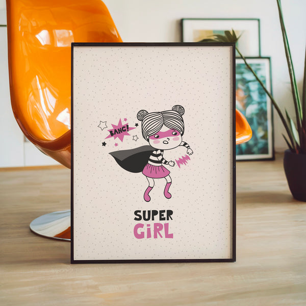 Super Girl — affiche enfant pop-art rose et noir — Poster HP mat