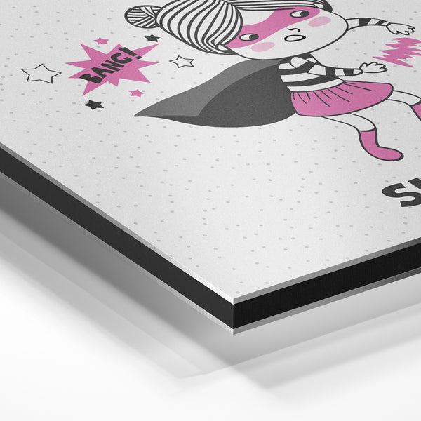 Super Girl — affiche enfant pop-art rose et noir — Aluminium Dibond