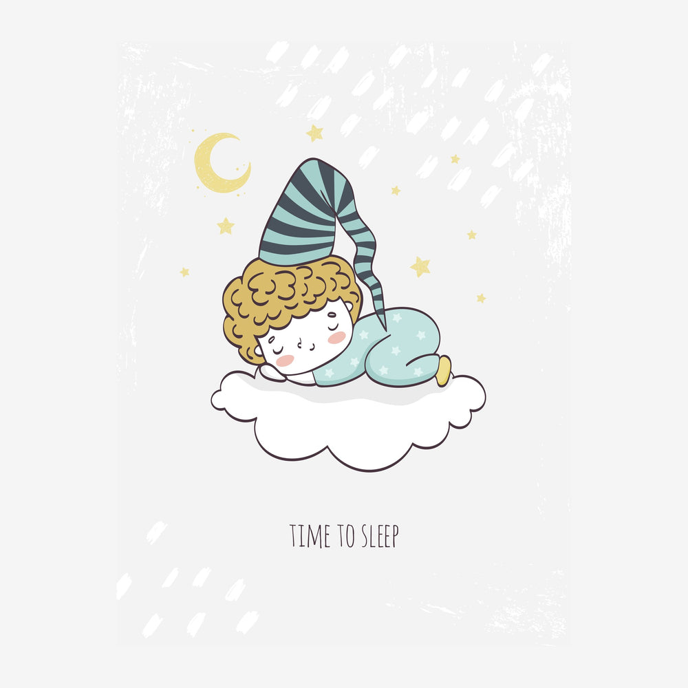Un enfant aux cheveux blonds bouclés, portant une toque rayée bleu et blanc, dort paisiblement allongé sur un nuage blanc..