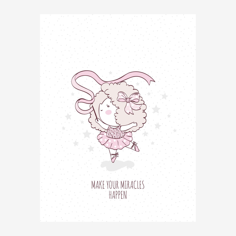 Illustration d'une jeune fille aux cheveux bouclés avec un nœud rose, portant une robe rose, sur fond blanc pointillé avec.