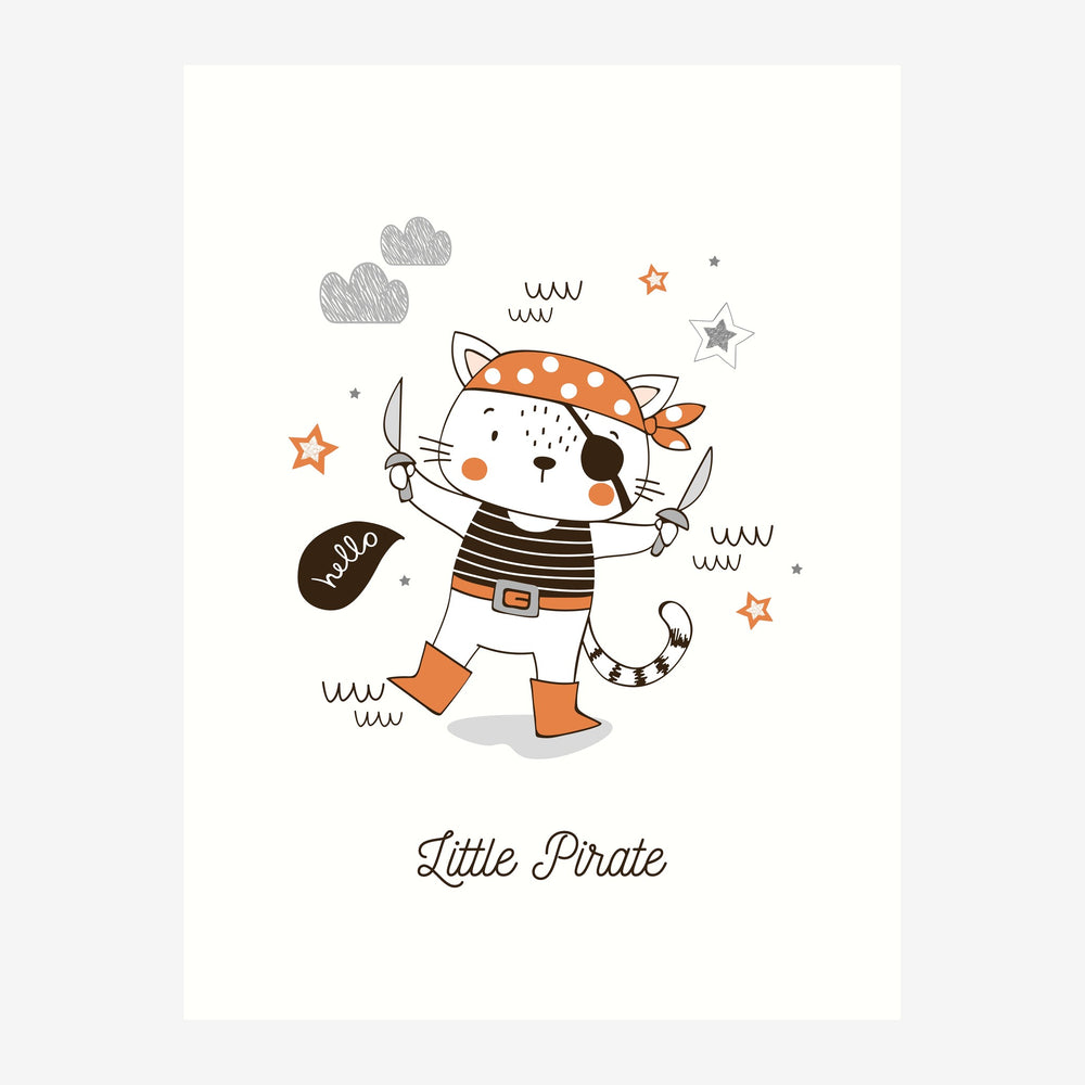 Un chat pirate à l'expression joyeuse, tenant deux sabres, vêtu d'un bandana à pois orangés et d'une rayure noire, entouré.