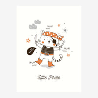 Un chat pirate à l'expression joyeuse, tenant deux sabres, vêtu d'un bandana à pois orangés et d'une rayure noire, entouré.